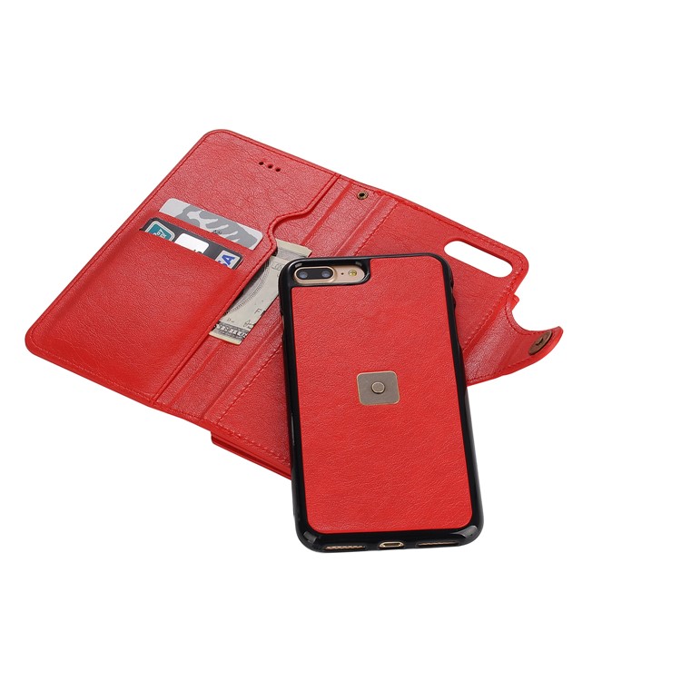 Detachable Leather Wallet Case with Makeup Mirror for iPhone 7 Plus 2016 - Red-6