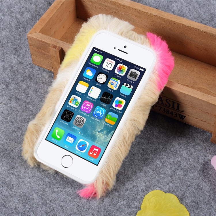 Colorized Rabbit Fur Diamante TPU Phone Shell for iPhone SE/5s/5 - Rose / Brown-2