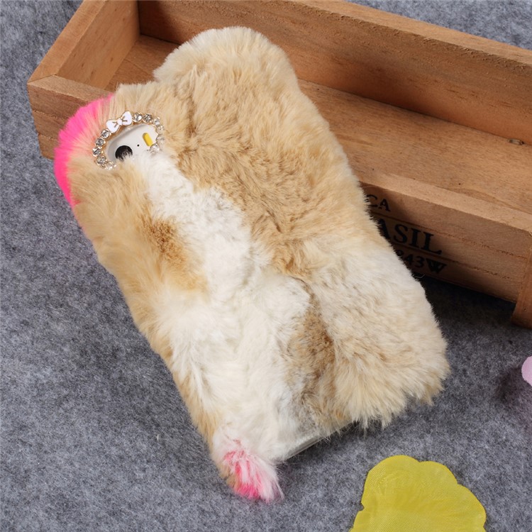 Colorized Rabbit Fur Diamante TPU Phone Shell for iPhone SE/5s/5 - Rose / Brown-3