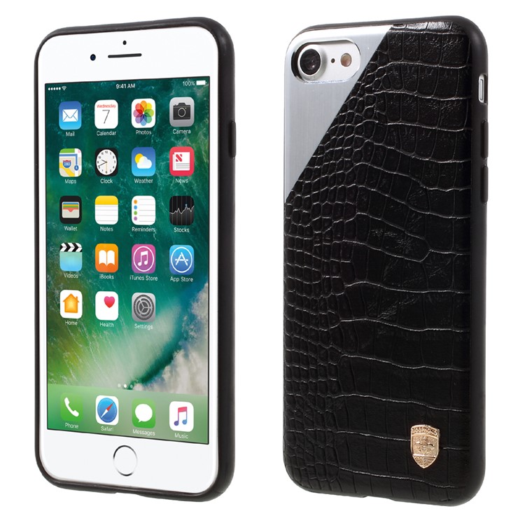 MEEPHONE Crocodile Leather Metal Sheet Coated Plastic + TPU Case for iPhone 7 4.7 - Black-1