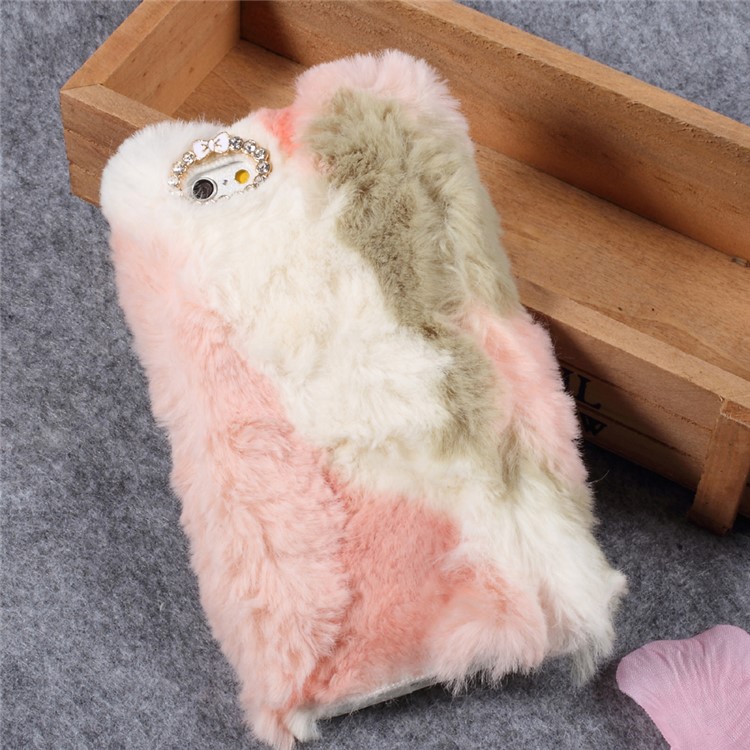 Rhinestone Studded Soft Rabbit Fur TPU Cell Phone Case for iPhone 6s Plus / 6 Plus - Pink / Grey-3
