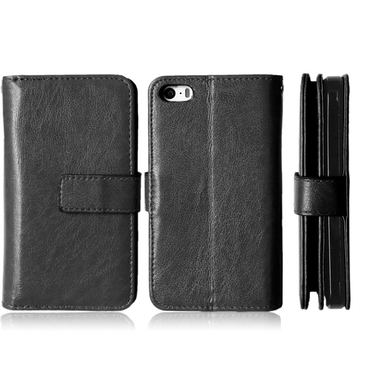 Crazy Horse 9 Card Slots Leather Wallet Case for iPhone SE / 5s / 5 - Black-2