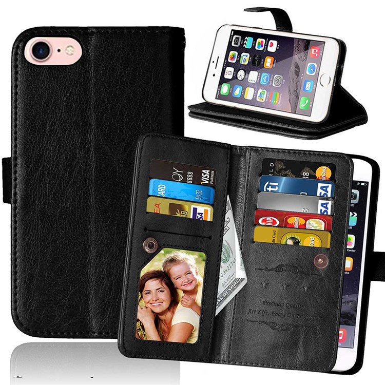 9 Card Slots Wallet Crazy Horse Leather Stand Case for iPhone 7 4.7 inch - Black-1