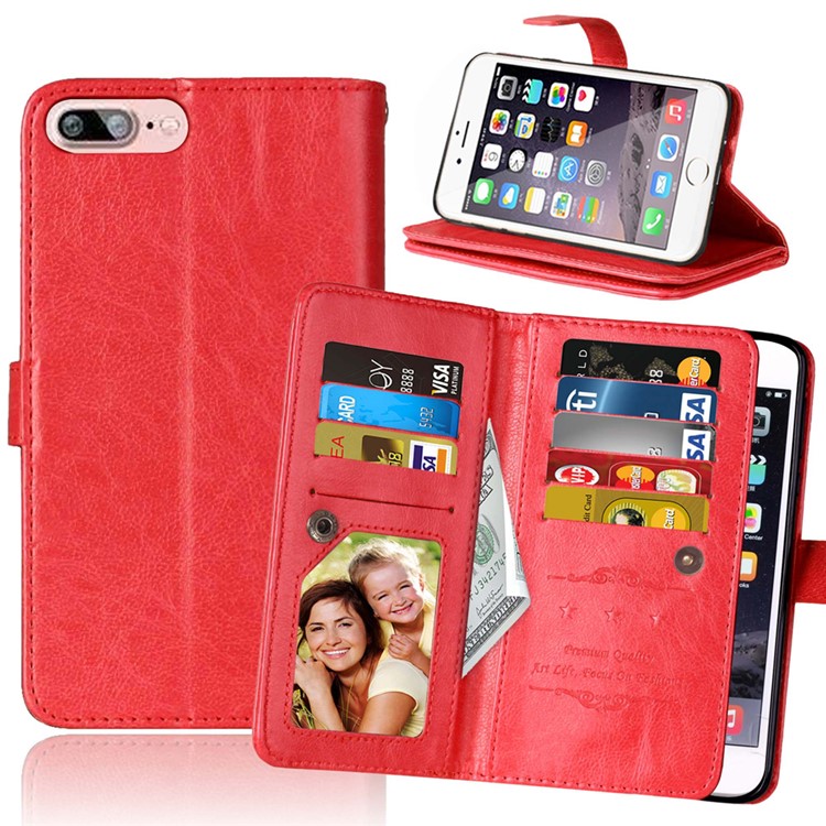 

9 Card Slots Wallet Crazy Horse Leather Cellphone Cover for iPhone 8 Plus / 7 Plus 5.5 inch - Red, iPhone 8 Plus 5.5 inch