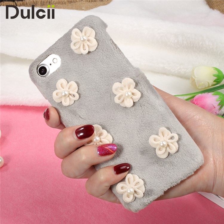 3D Elegant Pearl Flowers Fur Coated PC Phone Cover for iPhone 7 4.7 inch - Grey-1