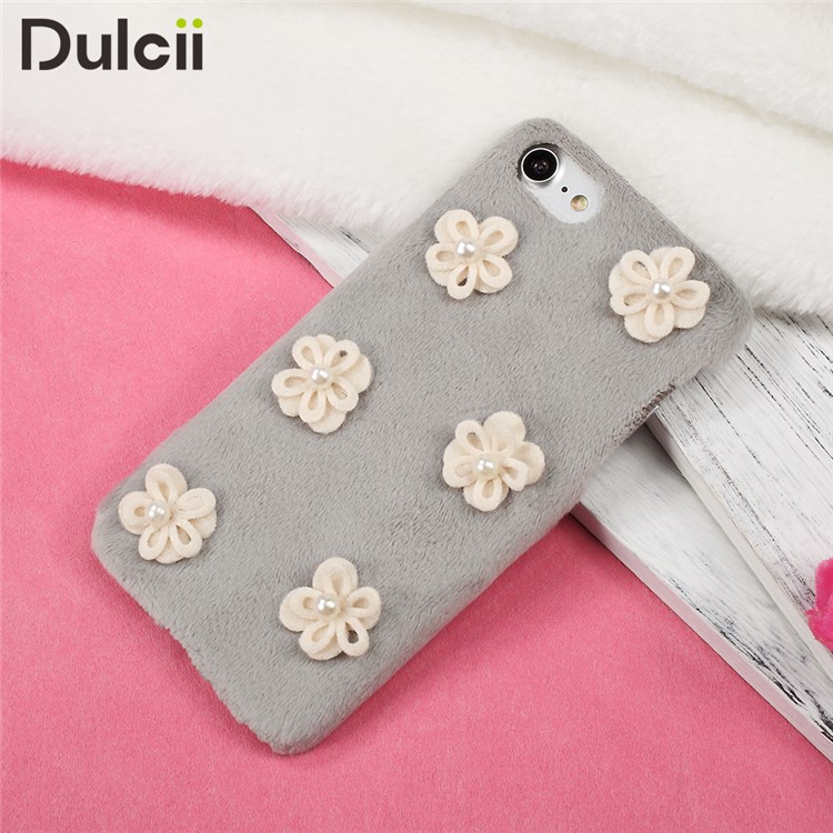 3D Elegant Pearl Flowers Fur Coated PC Phone Cover for iPhone 7 4.7 inch - Grey-2