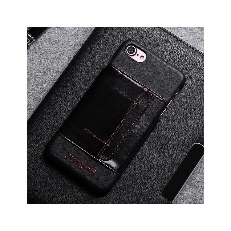 FIERRE SHANN Genuine Leather Skin Hard Cell Phone Cover for iPhone 7 with Card Slot - Black-1