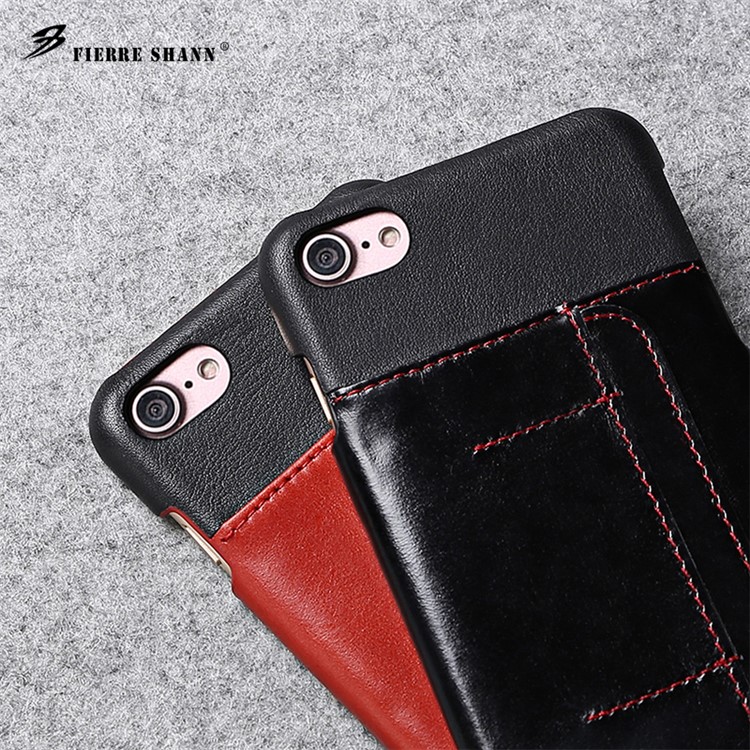 FIERRE SHANN Genuine Leather Skin Hard Cell Phone Cover for iPhone 7 with Card Slot - Black-12