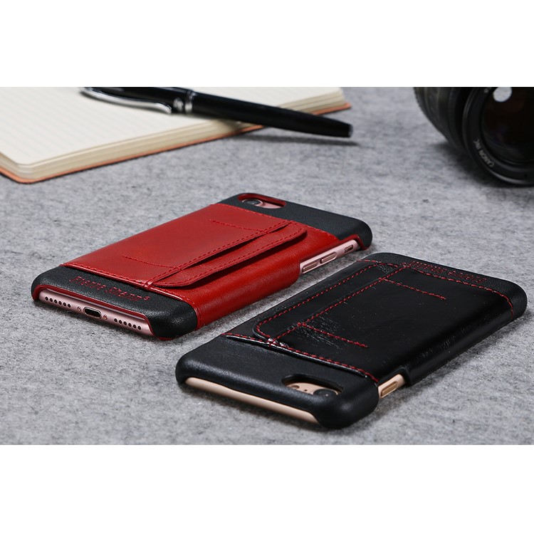 FIERRE SHANN Genuine Leather Skin Hard Cell Phone Cover for iPhone 7 with Card Slot - Black-14