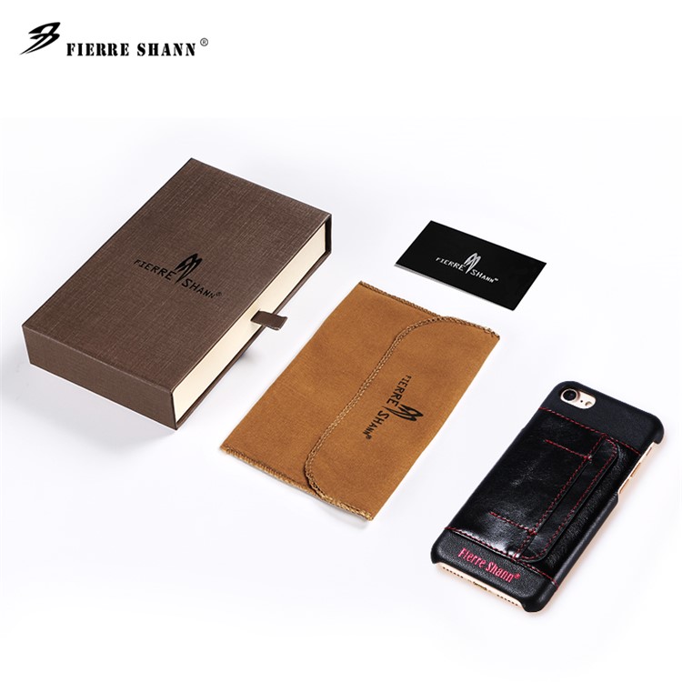 FIERRE SHANN Genuine Leather Skin Hard Cell Phone Cover for iPhone 7 with Card Slot - Black-15