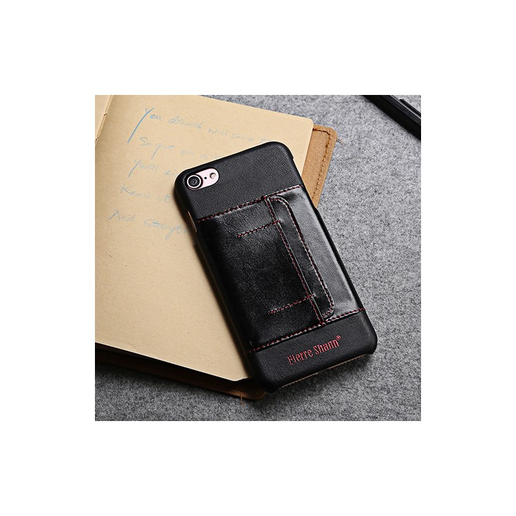 FIERRE SHANN Genuine Leather Skin Hard Cell Phone Cover for iPhone 7 with Card Slot - Black-2