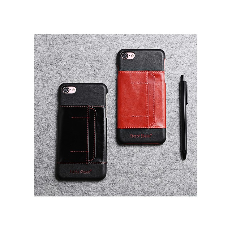 FIERRE SHANN Genuine Leather Skin Hard Cell Phone Cover for iPhone 7 with Card Slot - Black-4