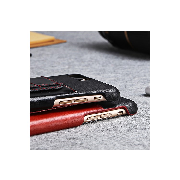 FIERRE SHANN Genuine Leather Skin Hard Cell Phone Cover for iPhone 7 with Card Slot - Black-5