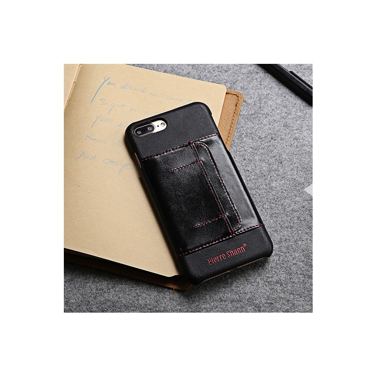 FIERRE SHANN Genuine Leather Coated Hard Phone Case for iPhone 7 Plus with Card Slot - Black-2