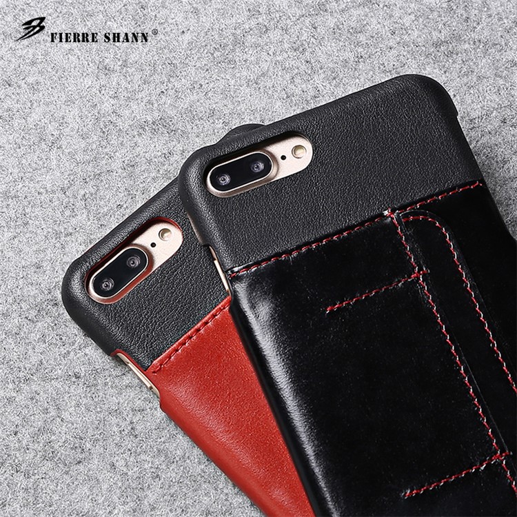 FIERRE SHANN Genuine Leather Coated Hard Phone Case for iPhone 7 Plus with Card Slot - Black-6