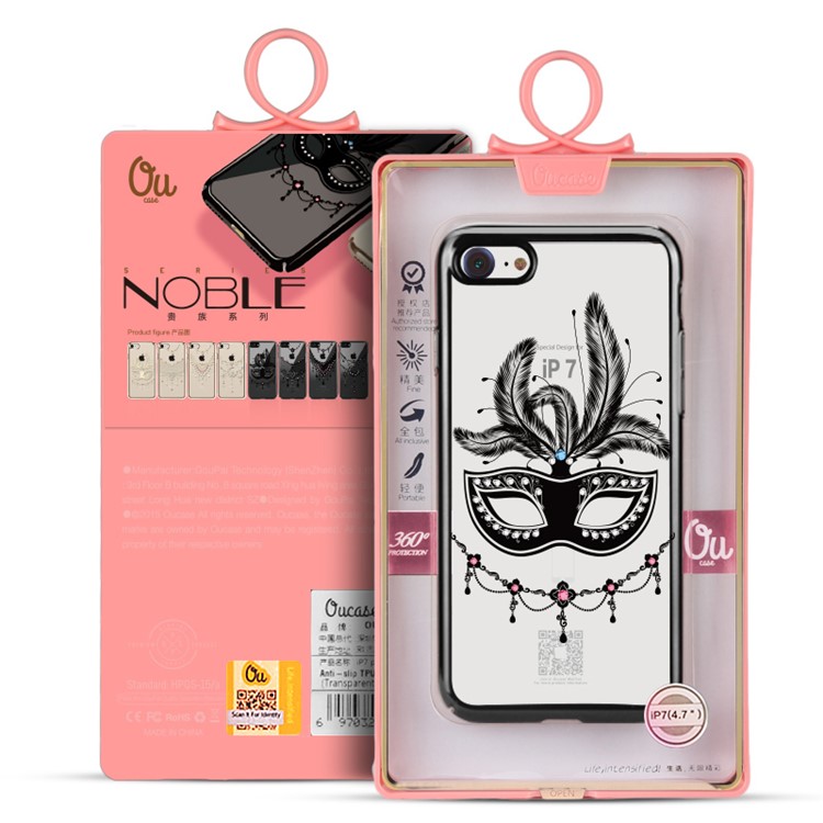 OUCASE for iPhone 7 4.7 Inch Plating Bling Rhinestone Studded PC Phone Case - Transparent / Feather Face Mask-3