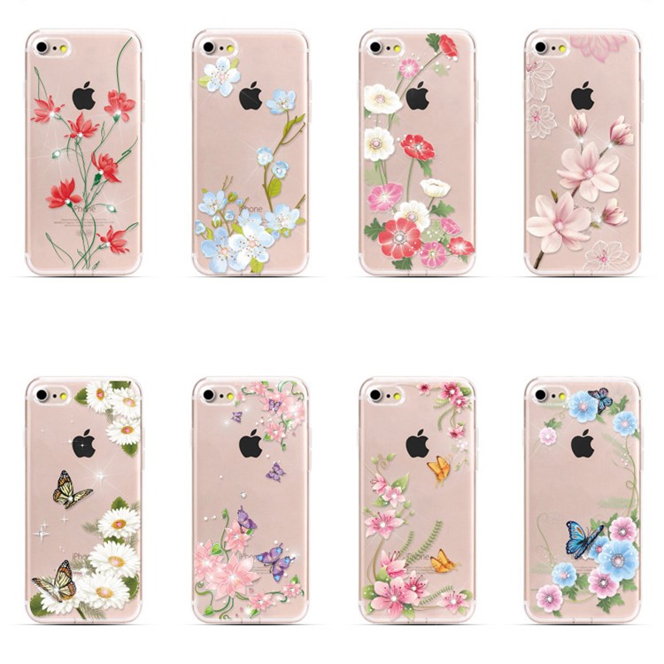OUCASE for iPhone 7 4.7 inch Patterned Rhinestone Decoration TPU Mobile Phone Accessory - Pink Flowers and Yellow Butterflies-2
