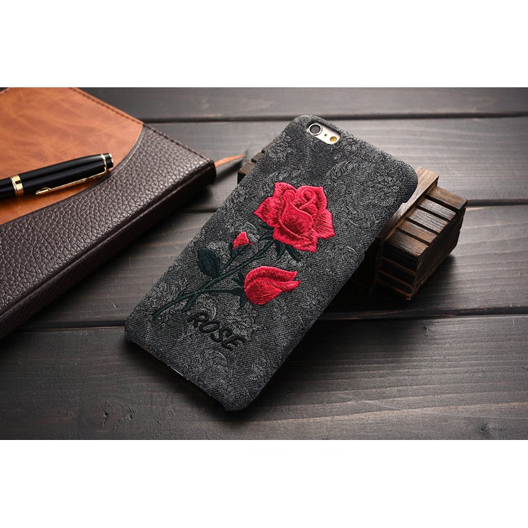 For Apple iPhone 6s 6 4.7 Embroidery Case Rose Flower Leather Coated PC Cover- Black-2
