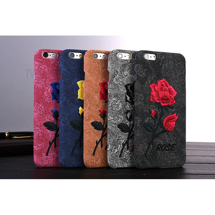 For Apple iPhone 6s 6 4.7 Embroidery Case Rose Flower Leather Coated PC Cover- Black-7