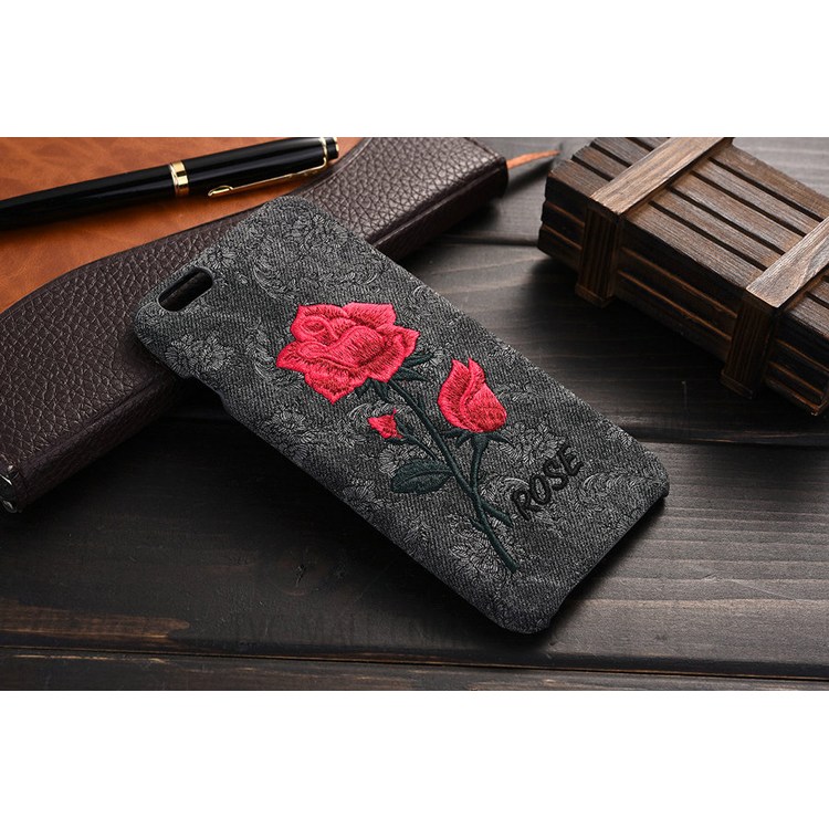 For iPhone 6s Plus / 6 Plus Embroidery Rose Flower Leather Coated PC Case - Black-4