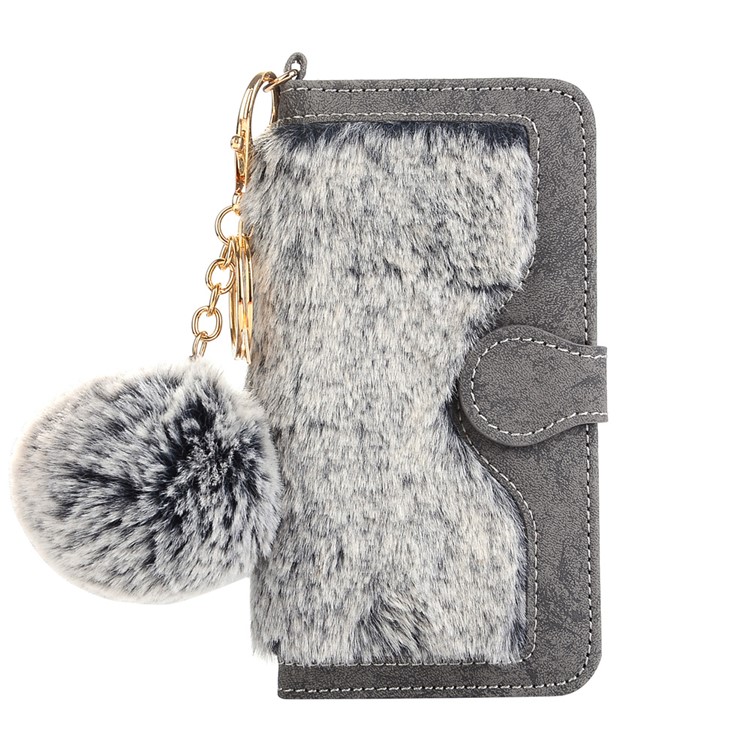 Detachable Leather Wallet Phone Case for iPhone 7 with Warm Rabbit Fur Decoration - Black Blue-1