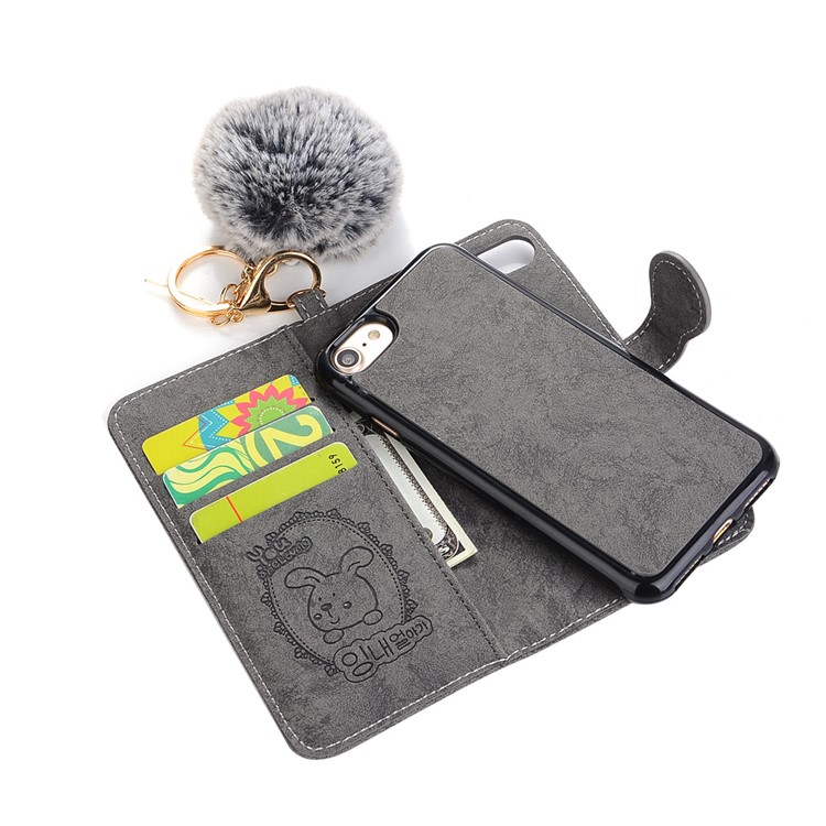 Detachable Leather Wallet Phone Case for iPhone 7 with Warm Rabbit Fur Decoration - Black Blue-3