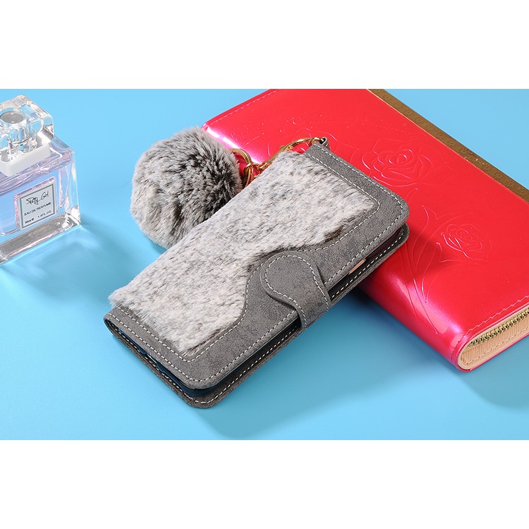 Detachable Leather Wallet Phone Case for iPhone 7 with Warm Rabbit Fur Decoration - Black Blue-4