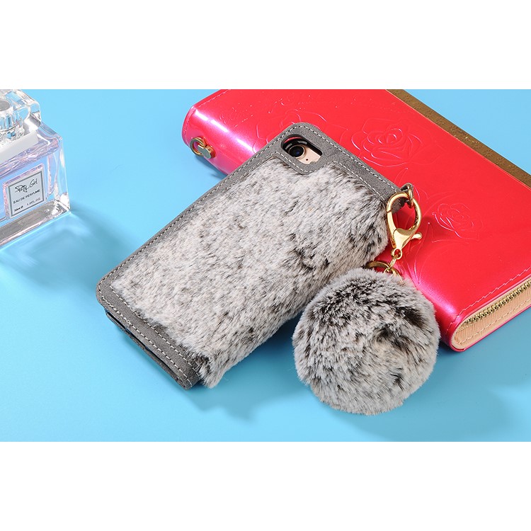 Detachable Leather Wallet Phone Case for iPhone 7 with Warm Rabbit Fur Decoration - Black Blue-5