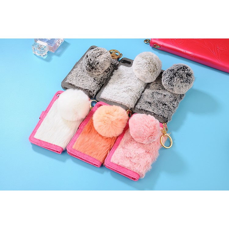 Detachable Leather Wallet Phone Case for iPhone 7 with Warm Rabbit Fur Decoration - Black Blue-8