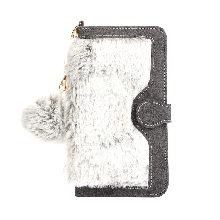 Detachable Leather Wallet Phone Shell Case for iPhone 7 Plus with Warm Rabbit Fur Decoration - Grey-1