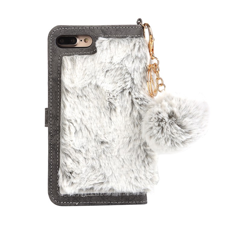 Detachable Leather Wallet Phone Shell Case for iPhone 7 Plus with Warm Rabbit Fur Decoration - Grey-2