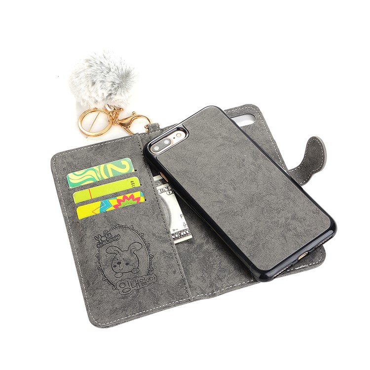Detachable Leather Wallet Phone Shell Case for iPhone 7 Plus with Warm Rabbit Fur Decoration - Grey-3