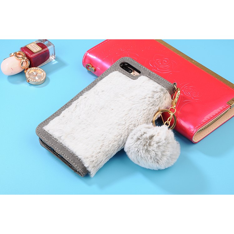 Detachable Leather Wallet Phone Shell Case for iPhone 7 Plus with Warm Rabbit Fur Decoration - Grey-4