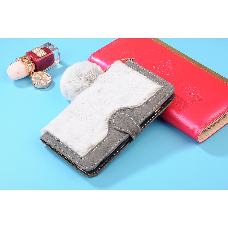 Detachable Leather Wallet Phone Shell Case for iPhone 7 Plus with Warm Rabbit Fur Decoration - Grey-5