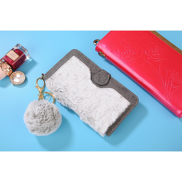 Detachable Leather Wallet Phone Shell Case for iPhone 7 Plus with Warm Rabbit Fur Decoration - Grey-6