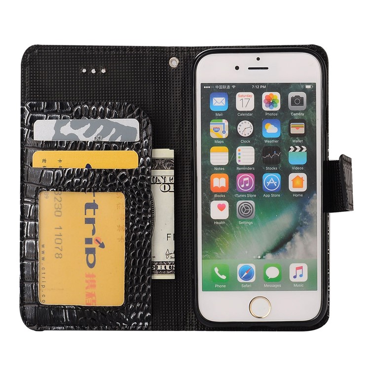Crocodile Texture Leather Wallet Phone Case for iPhone 7 with Stand - Black-3