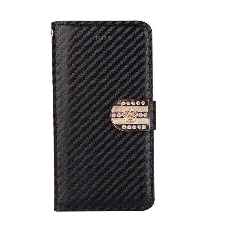 Carbon Fiber Leather Wallet Cell Phone Case for iPhone 7 with Rhinestone Decorated - Black-1