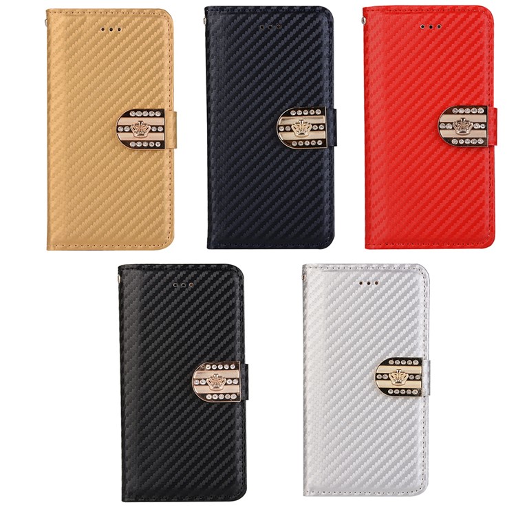 Carbon Fiber Leather Wallet Phone Case for iPhone 7 Plus with Rhinestone Decorated - Black-4