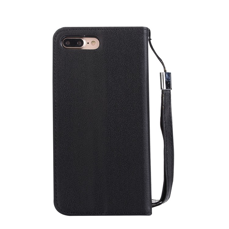 Card Holder Leather Flip Phone Case for iPhone 7 Plus with Wrist Strap - Black-2