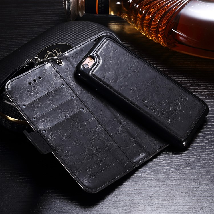 Detachable Imprinted Oil Wax Leather Wallet Phone Cover for iPhone 6s 6 - Black-3