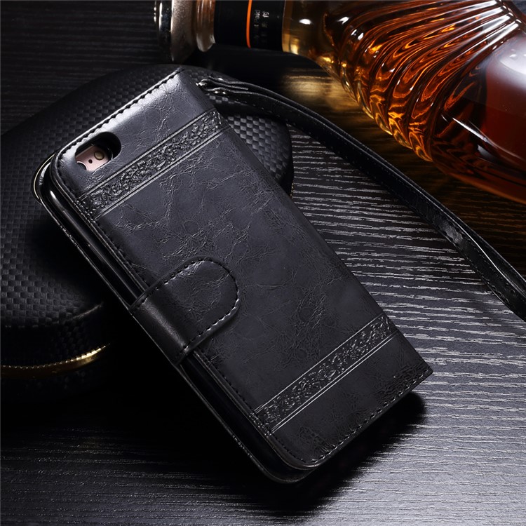 Imprinted Oil Wax Split Leather Wallet Case Detachable 2-In-1 for iPhone 6s Plus/6 Plus - Black-2