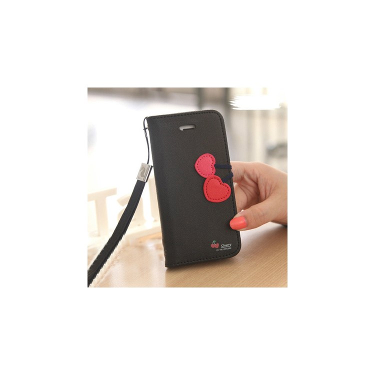 Cherry Design Card Holder Leather Phone Case for iPhone 6s 6 with Stand - Black-1