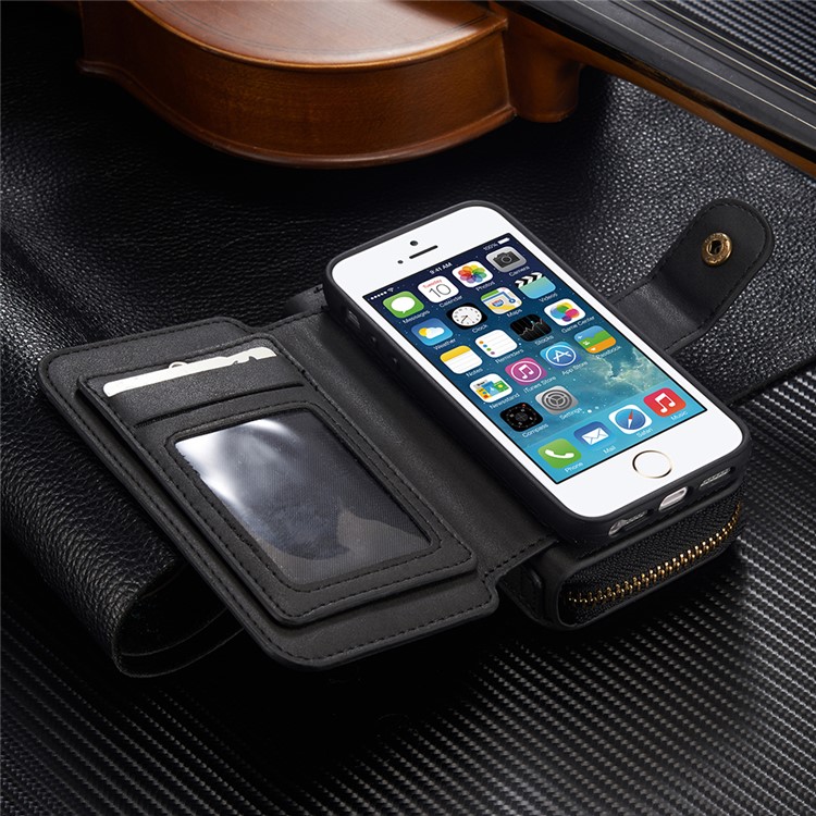 BRG Multi-function Wallet Detachable Phone Case for iPhone SE/5s/5 with Stand and Handle - Black-1