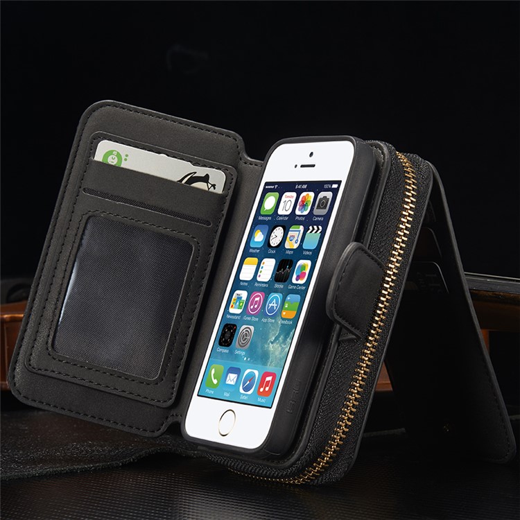 BRG Multi-function Wallet Detachable Phone Case for iPhone SE/5s/5 with Stand and Handle - Black-2
