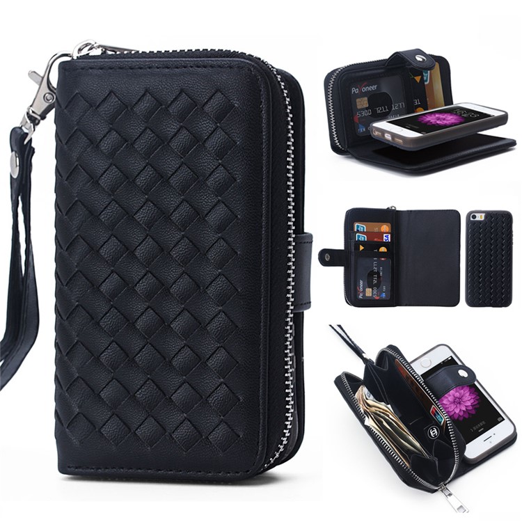 For iPhone SE 5s 5 Woven Texture Detachable 2-in-1 TPU Leather Wallet Case Cover - Black-1