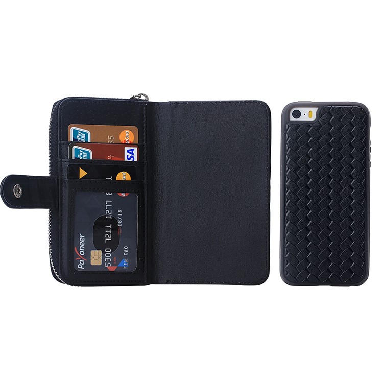 For iPhone SE 5s 5 Woven Texture Detachable 2-in-1 TPU Leather Wallet Case Cover - Black-2