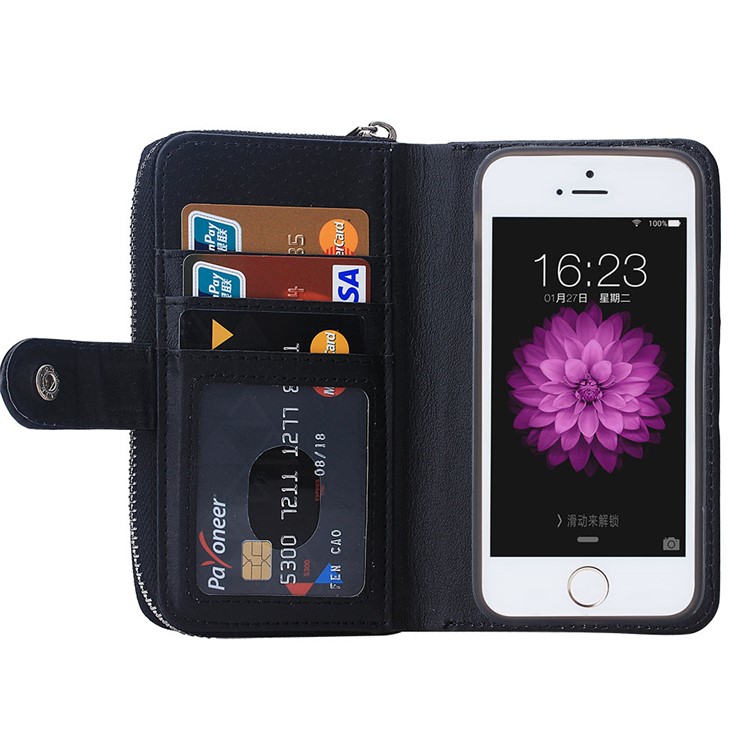 For iPhone SE 5s 5 Woven Texture Detachable 2-in-1 TPU Leather Wallet Case Cover - Black-3