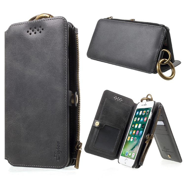 2-in-1 Button Closure Zippered Wallet Leather Cell Phone Case for iPhone 7 Plus 5.5 inch - Black-1