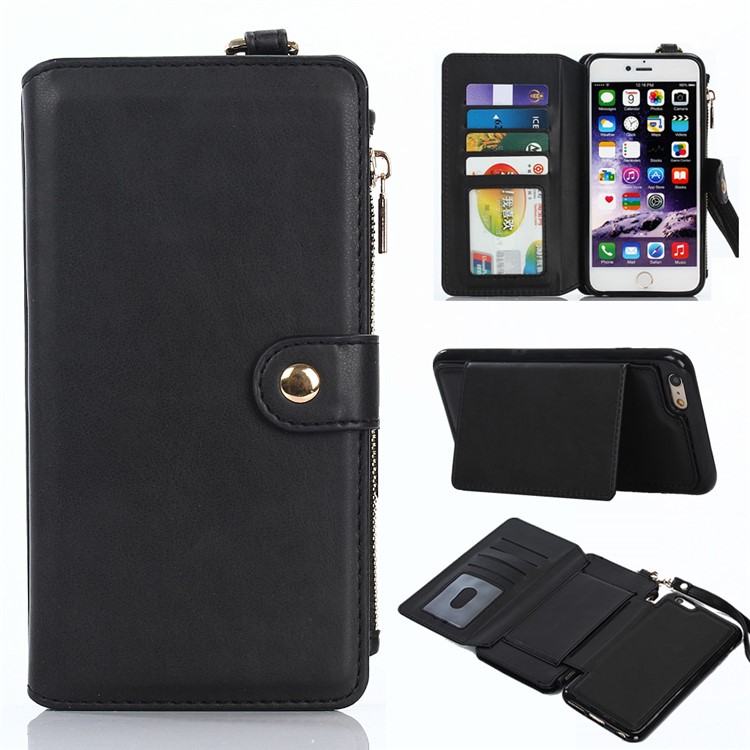 2-in-1 Button Closure Zippered Crazy Horse Matte Wallet Leather Case for iPhone 6s 6 - Black-1