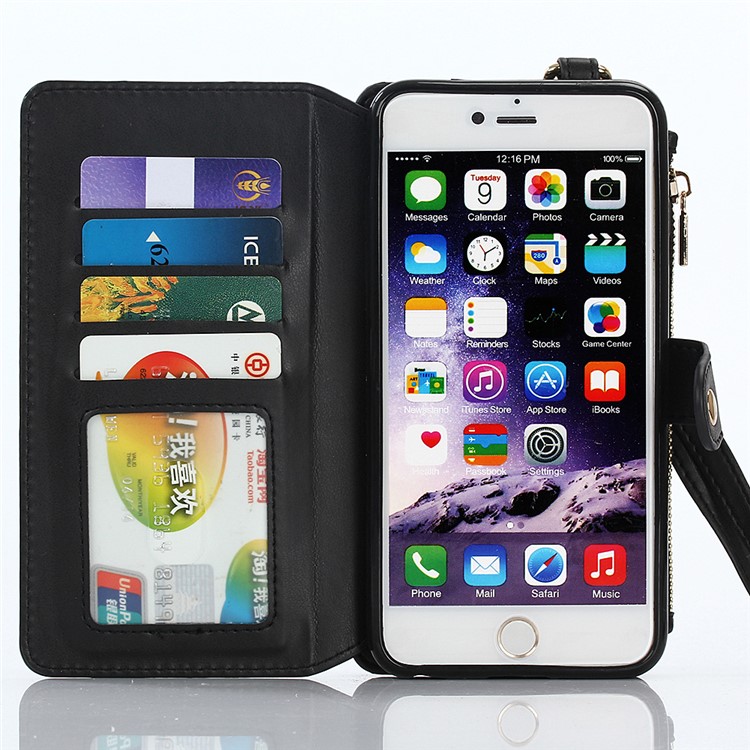 2-in-1 Button Closure Zippered Crazy Horse Matte Wallet Leather Case for iPhone 6s 6 - Black-3